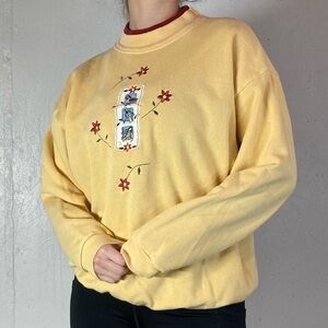 Vintage Grandma Core Pastel Yellow Embroidered Bird Sweatshirt